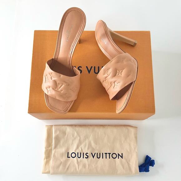 NIB Louis Vuitton Revival Tan Monogram Emboss Mules Heeled Slip On Sandals - Picture 1 of 12